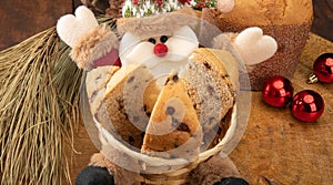 Sliced â€‹â€‹panettone in a Santa Claus basket and Christmas balls on the rustic wooden table with black background, selective