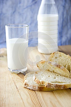 Sliced â€‹â€‹white bread, a glass of milk and a bottle in the background