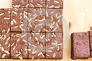 Slices of almond chocolate brownie cake