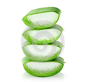 Slices of Aloe vera plant over white background. Natural ingredient for herbal beauty product, cosmetology, dermatology,