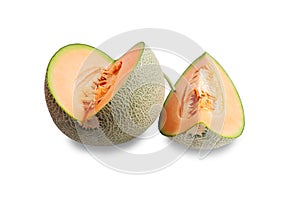 Slices appetizing Melon fruit on white backgroun