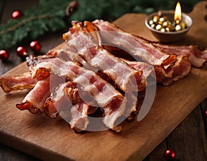 Slices of bacon on cutting board with Christmas decoration on wooden background. Generative AI