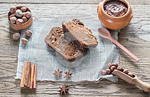 Slices of banana-chocolate bread with chocolate cream