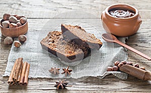 Slices of banana-chocolate bread with chocolate cream