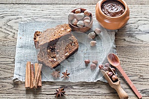 Slices of banana-chocolate bread with chocolate cream