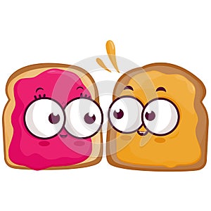 Slices of bread characters with peanut butter and jelly. Cute peanut butter and jelly sandwiches. Vector Illustration