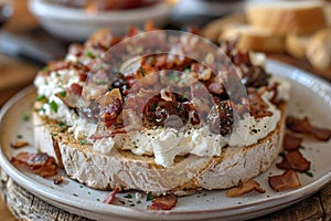 Slices of bread with cream cheese, bacon and black olives