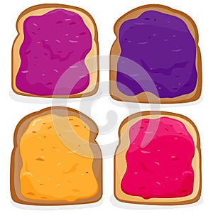 Slices of bread with fruit jam. Jelly spread on pieces of toast bread. Vector Illustration