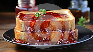 Slices of Bread Toast with Delicious Strawberry Jam in Grey Plate on Wooden Table Defocused Background