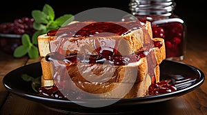 Slices of Bread Toast with Delicious Strawberry Jam in Grey Plate on Wooden Table Defocused Background