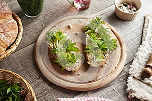 Slices of bread with young goutweed leaves and butter