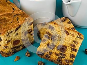 Slices of Cherry Fruit Cake With Tea or Coffee