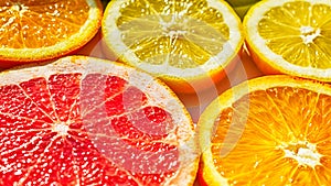 Slices of citrus fruits of orange, lemon, grapefruit spread out on the surface, macro
