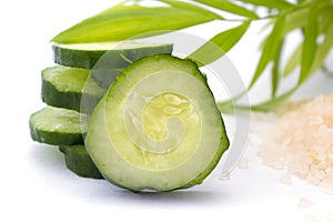 Slices of cucumber with sea salt isolated on white