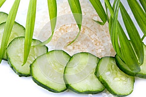 Slices of cucumber with sea salt isolated on white