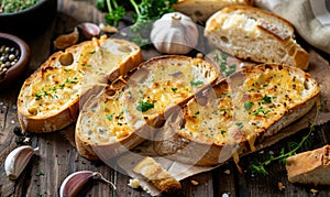 Slices of delicious garlic bread on rustic background