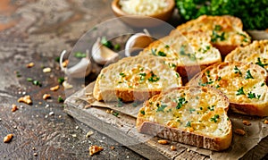 Slices of delicious garlic bread on rustic background