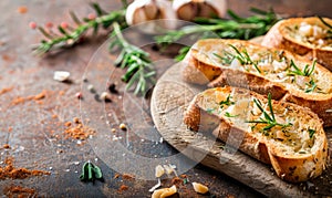 Slices of delicious garlic bread on rustic background