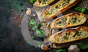 Slices of delicious garlic bread on rustic background