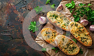 Slices of delicious garlic bread on rustic background