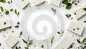Slices of delicious raw tofu on white background