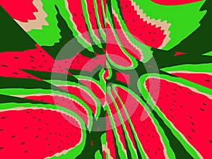 Slices of drawn watermelons dominated by red linened with green crust and black bones