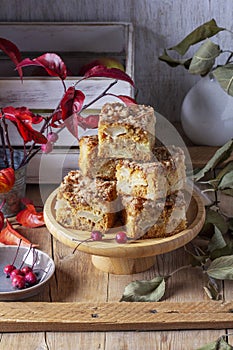 Slices of Dutch apple cake with streusel on a wooden tray, apples and apple branches on a wooden background.