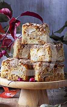 Slices of Dutch apple cake with streusel on a wooden tray, apples and apple branches on a wooden background.