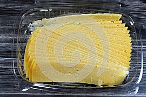 Slices of Egyptian Rumi cheese, also called gebna romiya or gebna turkiya, Roumi, Romi also Romy, middle Eastern parmesan hard