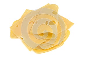 Slices of Emmental cheese close-up on white background