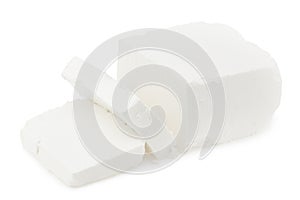 Slices feta cheese isolated on white background. Clipping path and full depth of field