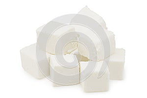 Slices feta cheese isolated on white background. Clipping path and full depth of field