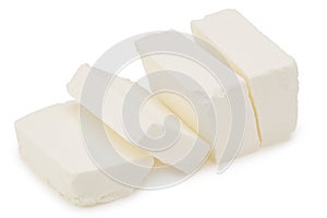 Slices feta cheese isolated on white background. Clipping path and full depth of field