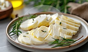 Slices of feta cheese with rosemary and spices on a wooden background