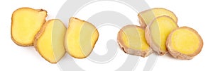 slices of fresh Ginger root isolated on white background. Top view. Flat lay