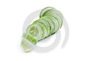 Slices of fresh green cucumber. isolated white background. copyspace