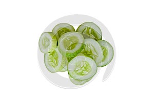 Slices of fresh green cucumber. isolated white background. copyspace