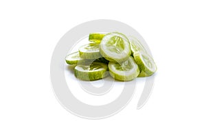 Slices of fresh green cucumber. isolated white background. copyspace