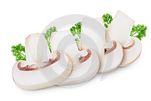 Slices of fresh mushroom champignon isolated on white background with clipping path