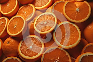 Slices of fresh oranges as background, top view. Citrus fruit, Generative AI