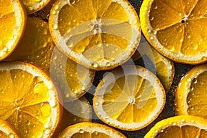 Slices of fresh, organic lemon fruit with water drops. Ai generated