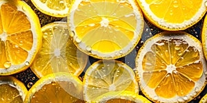 Slices of fresh, organic lemon fruit with water drops. Ai generated