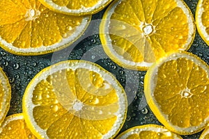 Slices of fresh, organic lemon fruit with water drops. Ai generated