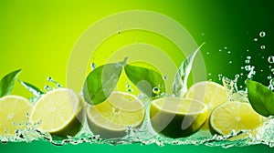 Slices of fresh and ripe lime with ice cubes, splashing water and mint leaves