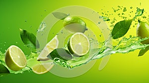 Slices of fresh and ripe lime with ice cubes, splashing water and mint leaves. Generative AI