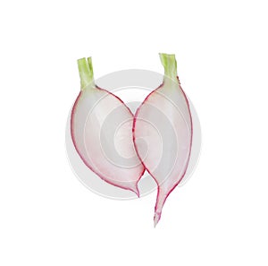 Slices of fresh ripe radish on white background, top view