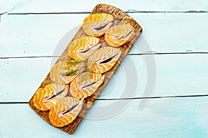 Slices of fresh salmon. Ingredient for cooking healthy seafood. Concept omega 3 containing food