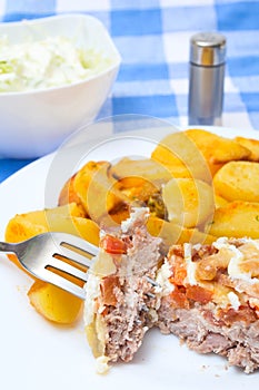 Slices of fried potato with pork