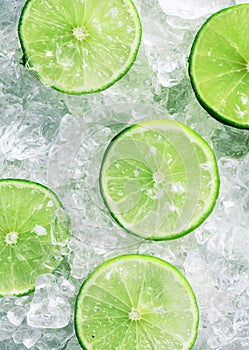 Slices of green limes over crushed ice cubes