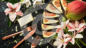 Slices of guava sweet and curd cheese next to a flower, fork and copper knife top . Generative Ai photo